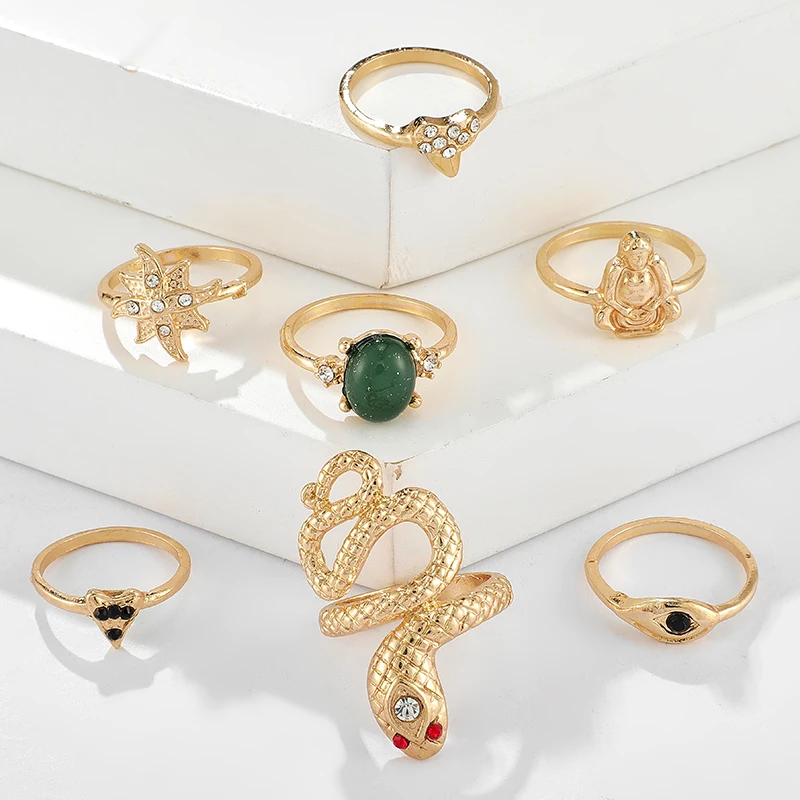 Docona набор колец в богемном стиле змея золотистого цвета с кристаллами Будды