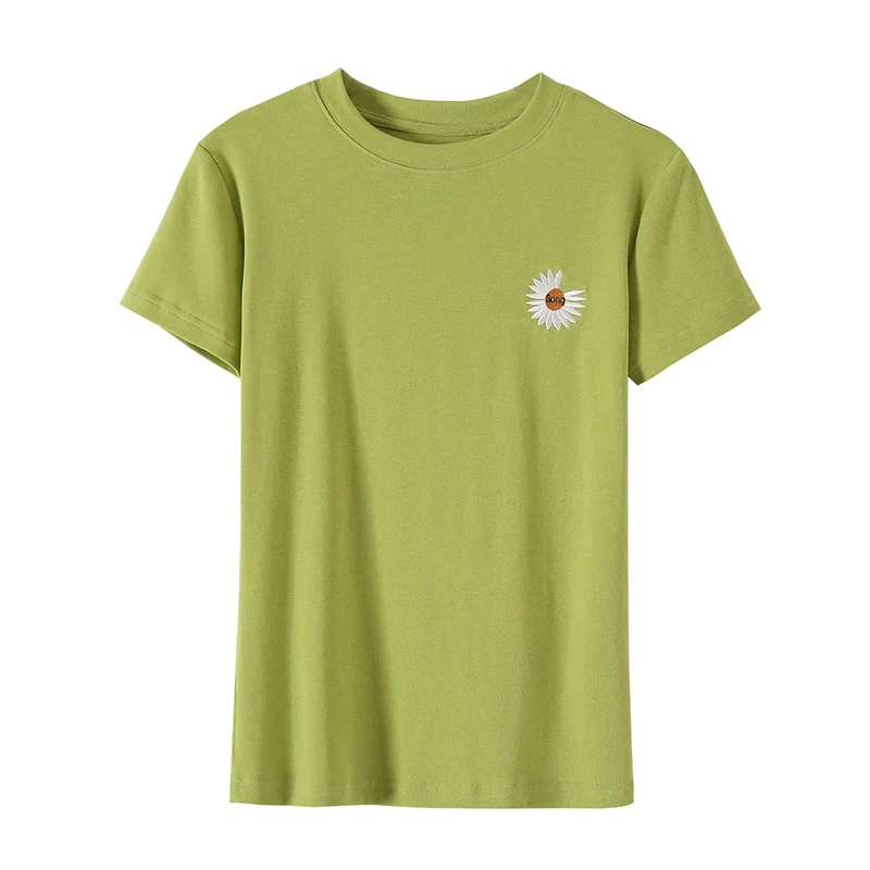

Flower Embroidered short sleeve t-shirts High Elastic Woman T-shirts Candy Color tee shirt Woman clothes summer 2021