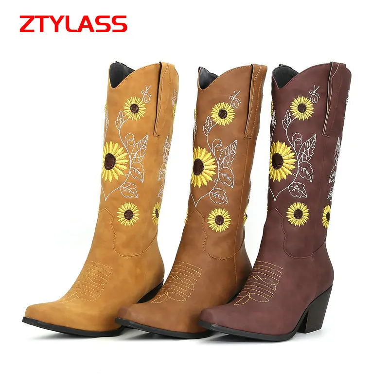 

Wine Yellow Brown Embroidery Women Boots Retro Square Toe Thick Heeled Western Boots Slip On Mid Calf Boots Autumn Winter Shoes