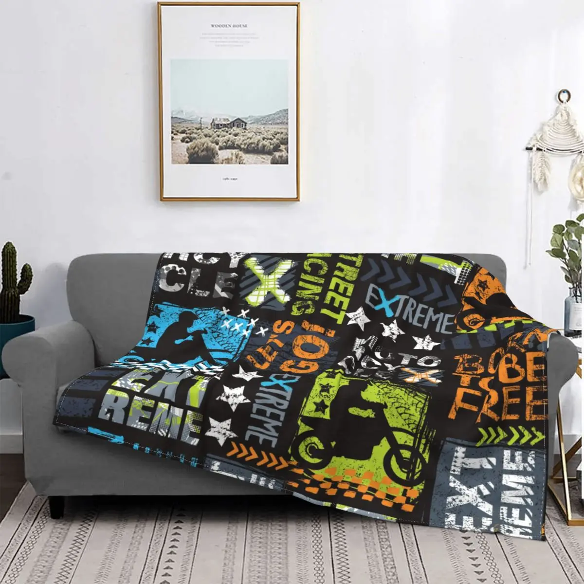 

Urban Style Modern Background With Boy On Motorcycle Blankets Flannel Sport Style Soft Throw Blanket for Home Car Bedspreads