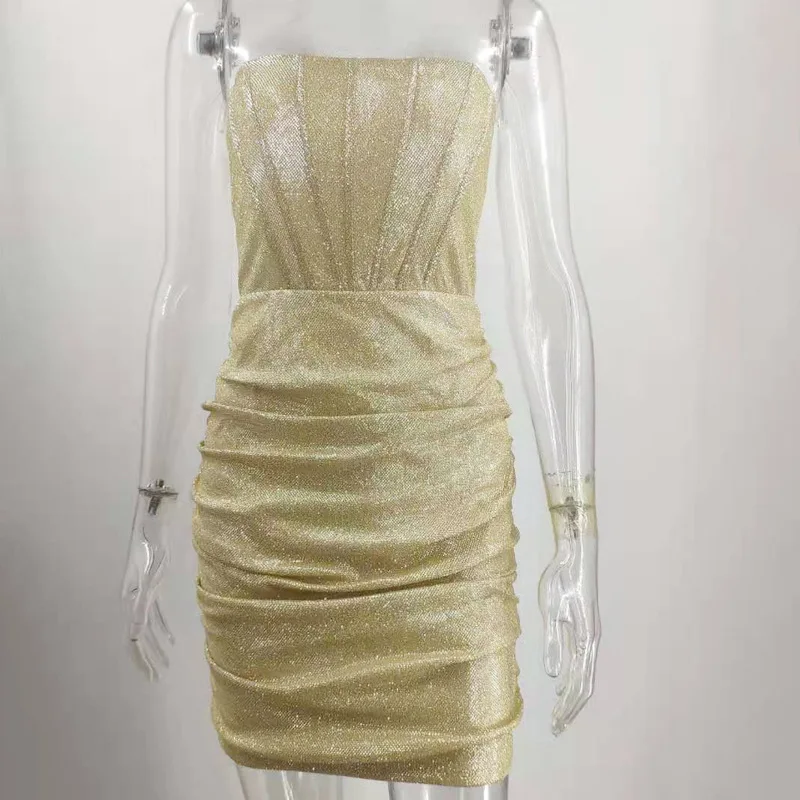 

Glitter Corset Dress Woman Boning Patchwork Ruched Strapless Zip Slim Fit Mini Elegant Party Dress Chic Casual Vestidos