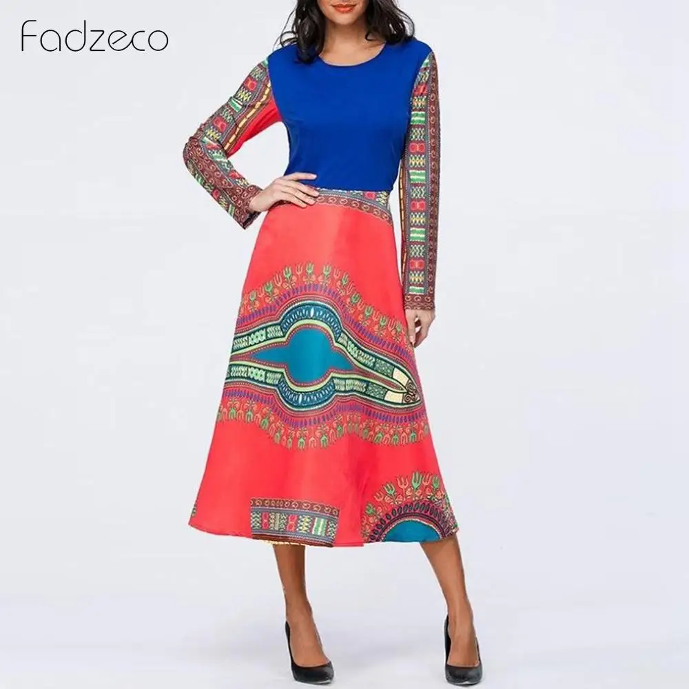 Fadzeco Новое Африканское платье Femme модное миди с принтом длинными рукавами
