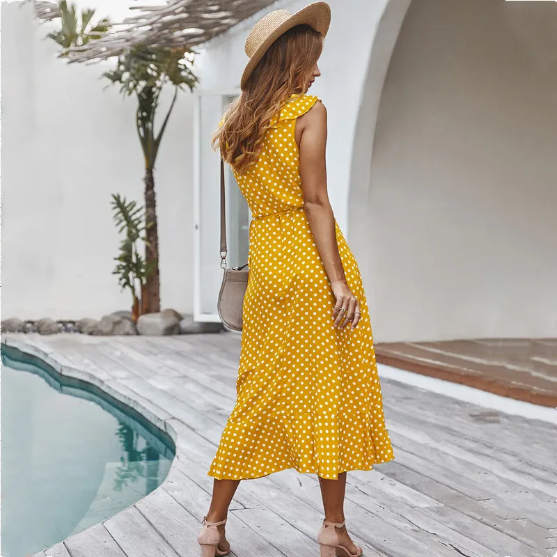 

Sexy Pollka Dot Dresses Sleeveless Ruffles Long 2021 Summer Dress Women Casual Holiday Elegant Lace Up Asymmetrical Dress Ladies