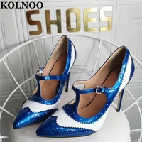 kolnoo handmade womens stiletto high heels pumps t strap patchwork leather pointy large size 35 47 evening club fashion shoes