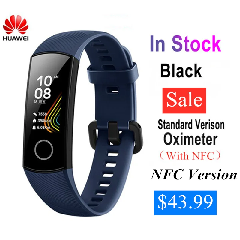 NFC версия huawei Honor Band 5, смарт-браслет, оксиметр, 4 цвета, экран, плавающий ход, Обнаружение сна, монитор Honor Band 5, синий, розовый, зеленый