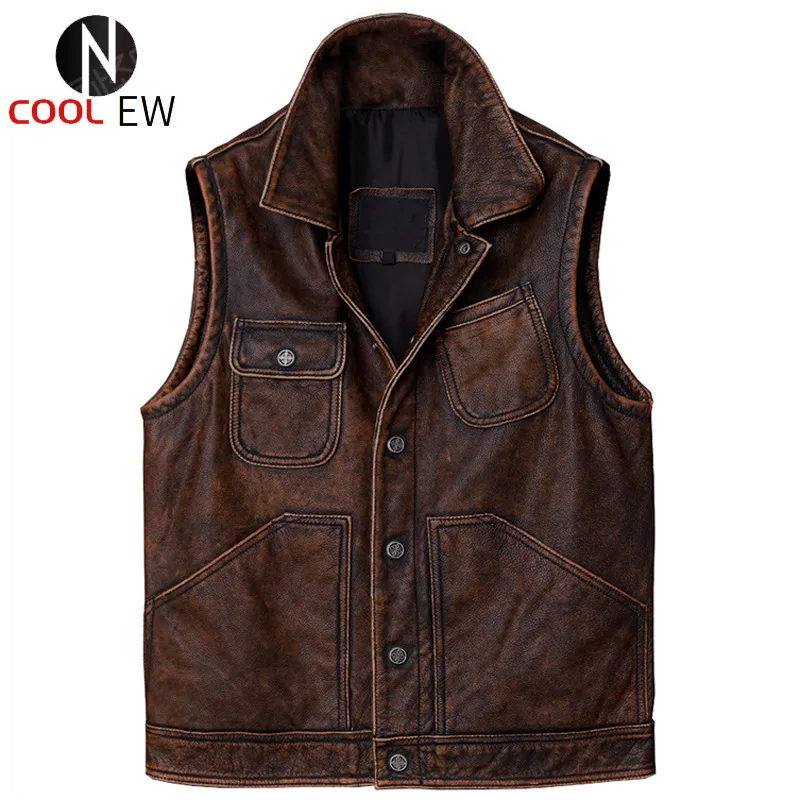 

Genuine Leather High Street Men Vest Cowhide Big and Tall Mens Weskit Waistcoat Spring Automotive Vest Coat For Men Streetwear
