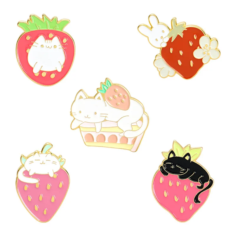 

Sweet Strawberry Garden Enamel Pins Custom Cat Bunny Fruit Cake Brooches Shirt Lapel Badge Bag Cartoon Jewelry Gift For Kids