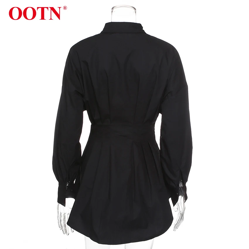OOTN отложной воротник офисная рубашка платье дамы фонарь с длинным рукавом Элегантная плиссированная Туника белые женские платья осень