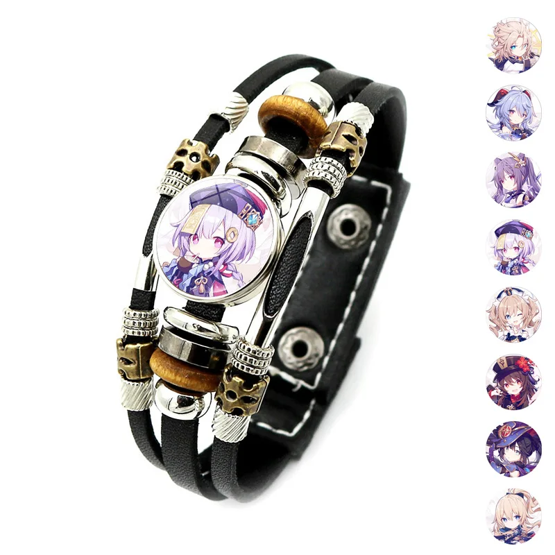

Game Genshin Impact Anime Bracelet Venti Hutao Zhongli Diluc Xiao Man Snap Button Bangle Handmade Fashion Punk Leather Bracelets