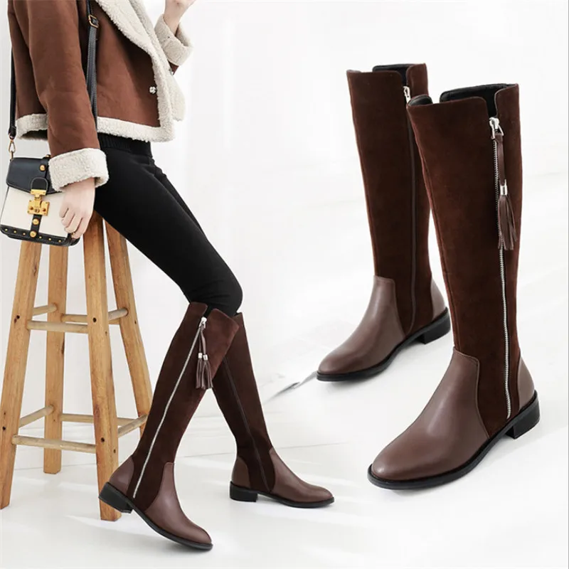 Замшевые Сапоги до колена с бахромой женская зимняя обувь на низком каблуке