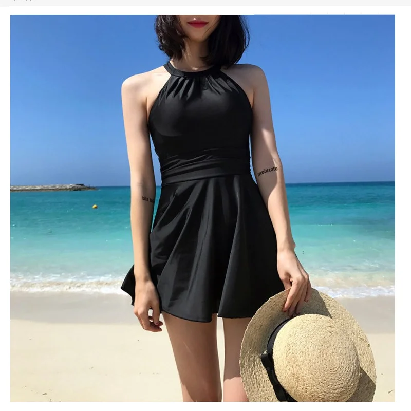 

Summer Swimsuit Women Solid Sexy Drawstring Cover Belly Slimming One-piece Skirt Halter Fashion Female Hot spring Swimming Suit