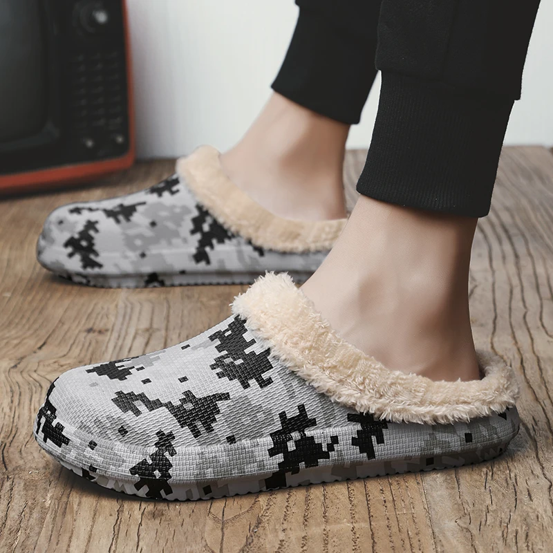 

New Winter House Slippers Men Fashion Camo Mens Slippers Light Weight Warm Fur Men Room Shoes Soft Sole Man Indoor Slippers
