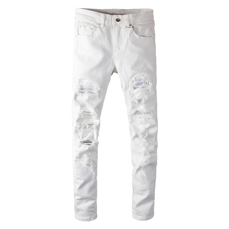 Sokotoo Men's white crystal holes ripped jeans Fashion slim skinny rhinestone stretch denim pants
