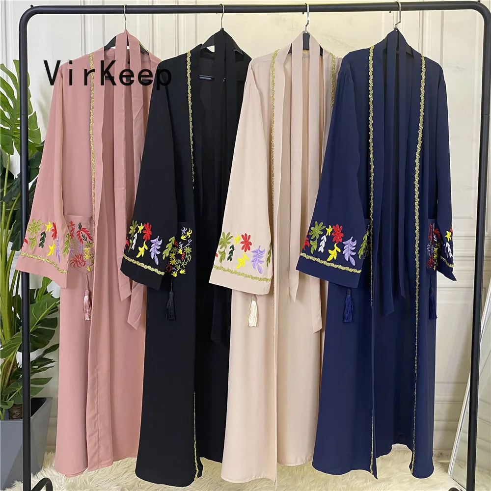 

women floral embroidery maxi robe lady tassel design dress lace up waist muslim abaya arabic dubai ramadan kaftan gown VKDR2177