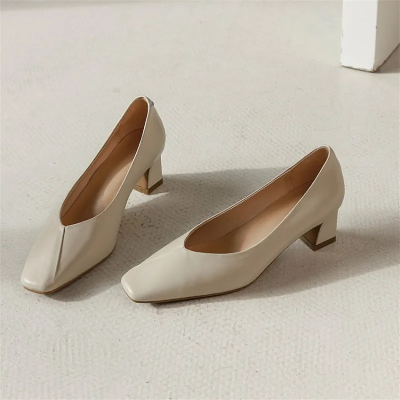 

ANNYMOLI Real Leather Mid Heel Women Pumps Square Toe Shoes Shallow Block Heels Glove Shoes Lady Footwear Spring Autumn Apricot
