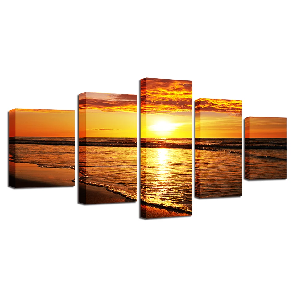 

Canvas Painting Modular Pictures Wall Art Framework 5 Pieces Sunset Beach Waves Seascape Poster HD Prints Home Decor Living Room