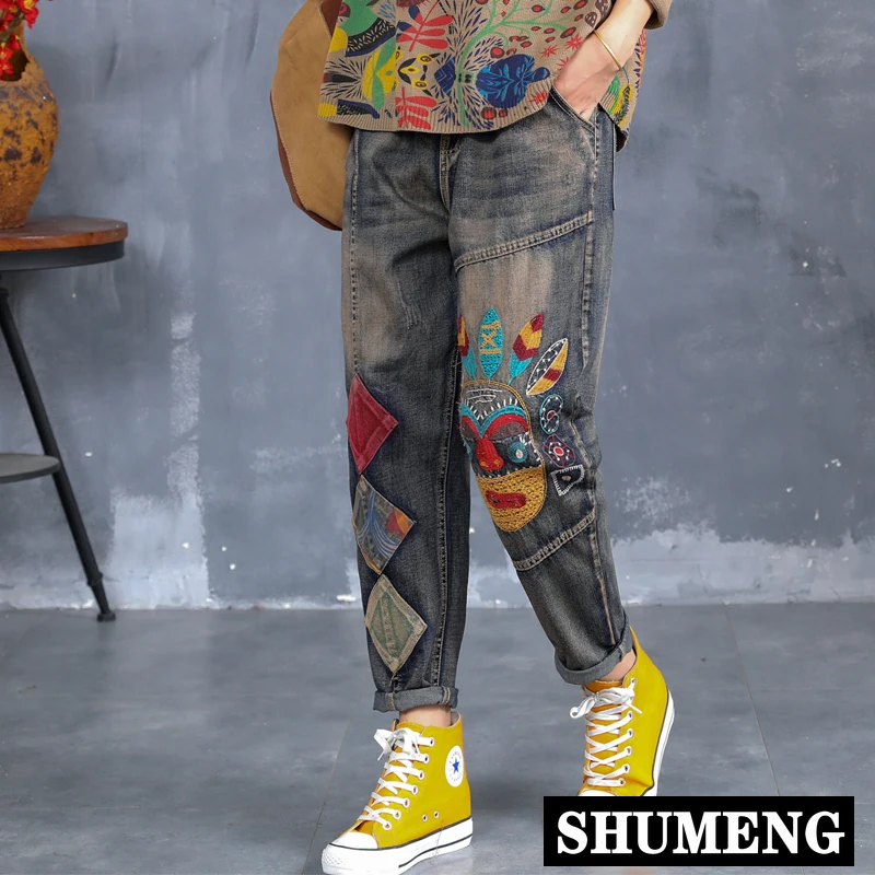 

2020 Women's Jeans Harem Pants High Waist Mom Ripped Jeans Ropa Mujer Loose Ankle-Length Facebook Embroidery Denim Pants