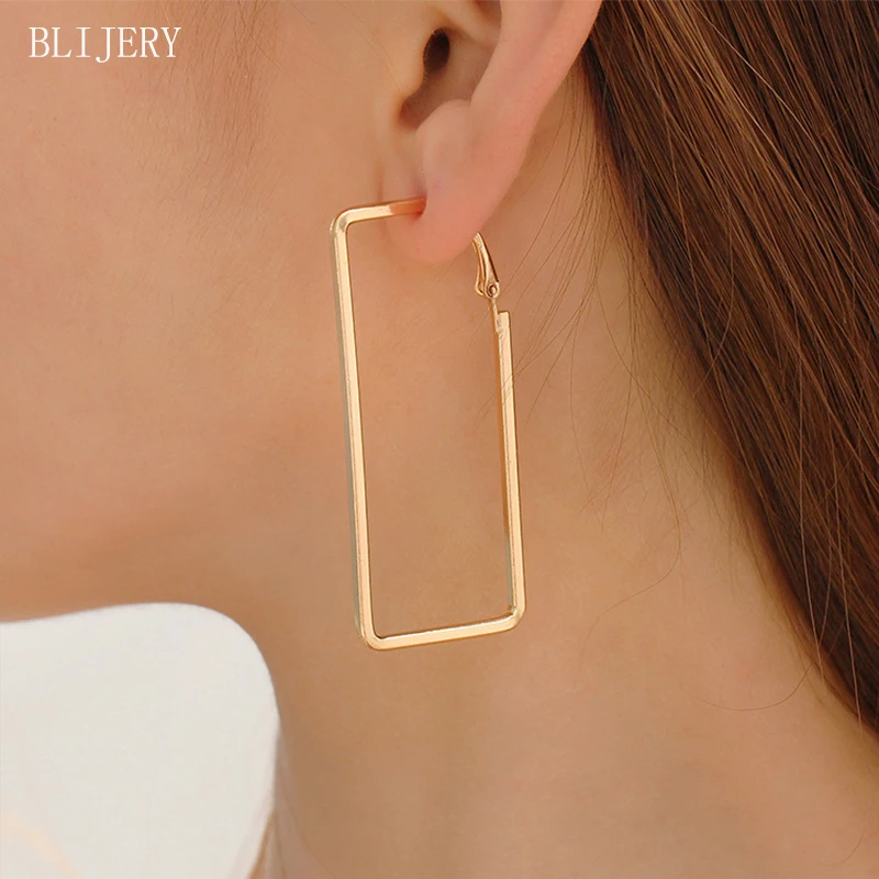 

BLIJERY Fashion Oblong Shape Hoop Earrings For Women Punk Jewelry Gold Color Nightclub Brincos Femme
