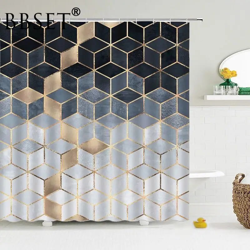 

Простая Водонепроницаемая занавеска для душа с черно-серыми позолоченными квадратами, разные размеры, душевая занавеска, декор для ванной ...