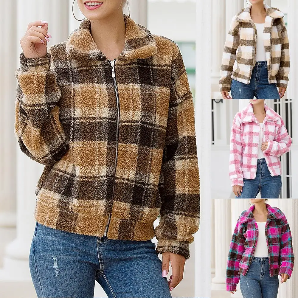 Женское Короткое шерстяное пальто на молнии повседневное в клетку осень и зиму