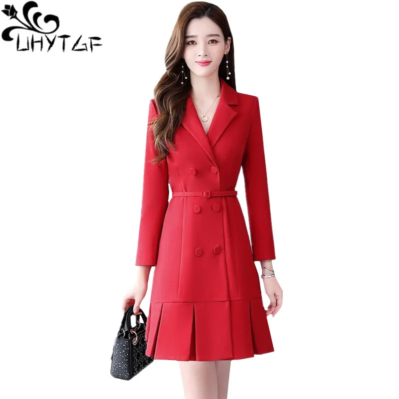 

UHYTGF Autumn winter dress women fashion double-breasted temperament female dress long sleeve casual elegant dress plus size 885