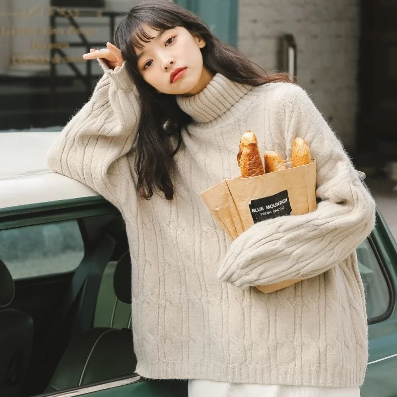 

Утепленный плюшевый свитер с высоким воротником, женская верхняя одежда, новинка 2021, осенне-зимние свободные длинные топы для ленивых женщи...