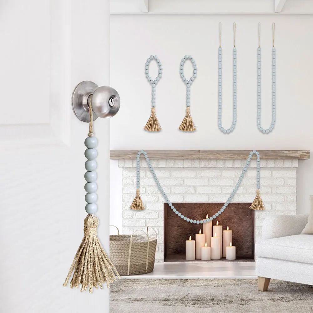 

Natural Farmhouse Wood Bead Garlands Handmade Wooden boho decor Decoration Wall DIY Rustic Country Tassel Room home macrame Gift