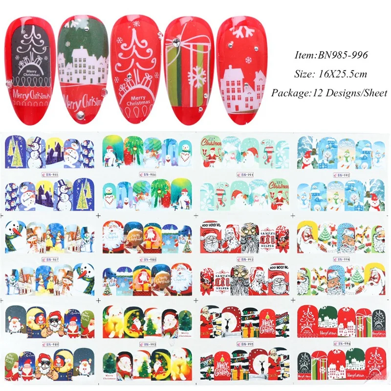 

60 Pcs Christmas Nail Art Stickers,Full Water Transfer Decals Letters Merry Christmas Snowman Santa Claus Elk Winter Nail Art Sl
