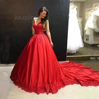 ball gown red princess prom dresses with spaghetti straps lace sweep train satin long evening gowns v neck elegant formal dress