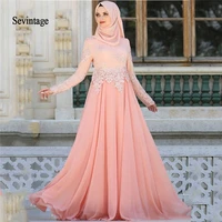 sevintage long sleeves muslim prom dresses arabic women chiffon formal evening gowns with scarf lace appliques vestidos de gala