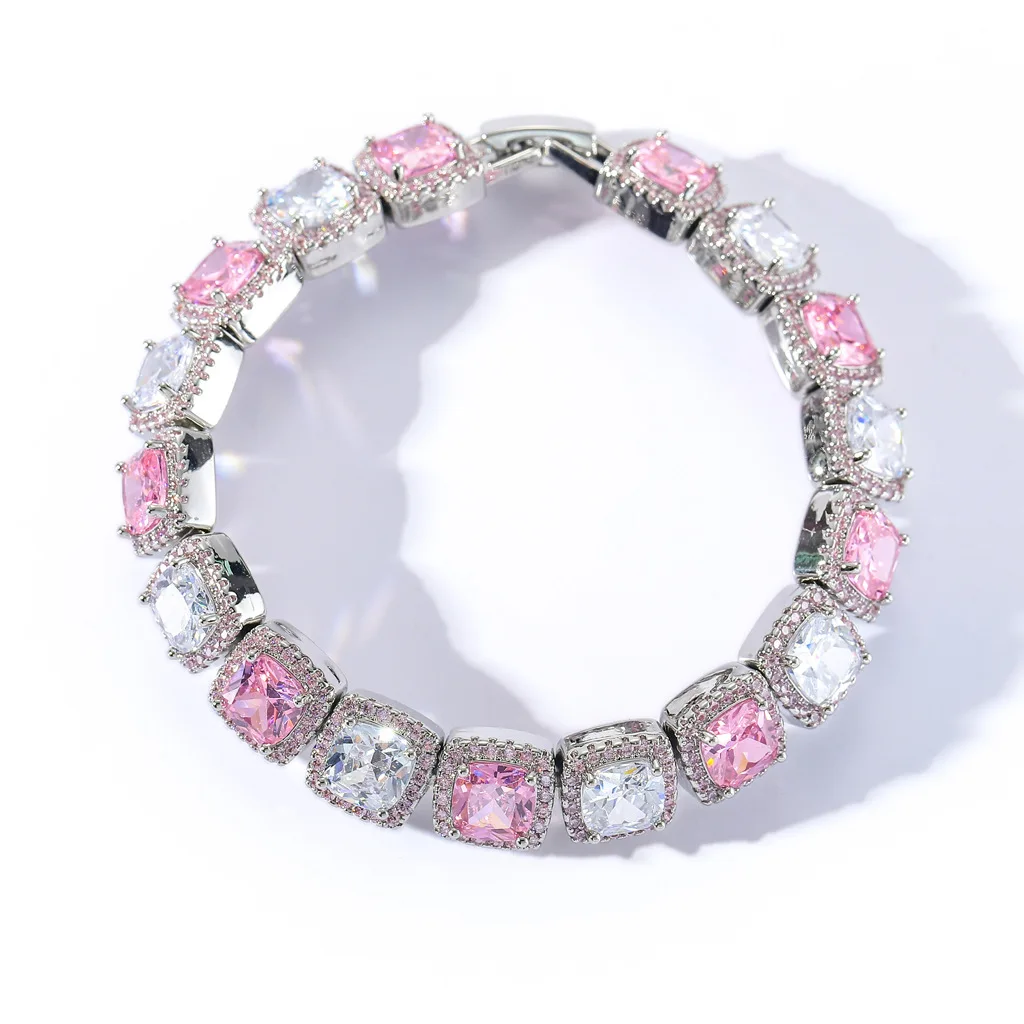 

10mm Hip Hop Jewelry Powder White Rock Sugar Zircon Hip Hop Bracelet Copper Inlaid Square Zircon Men and Women Bracelet