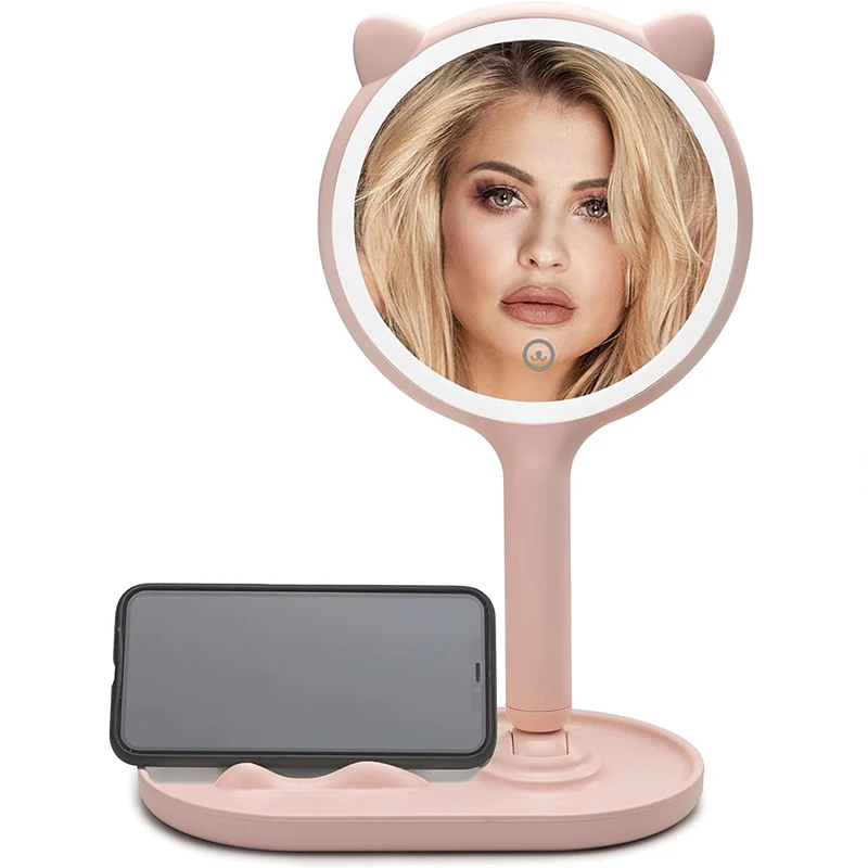 

Makeup Desk Double-Side Mirror With LED Light & 5X Magnifying with Handle 3-Color Electrodeless Dimming Lighted Up For Traveling