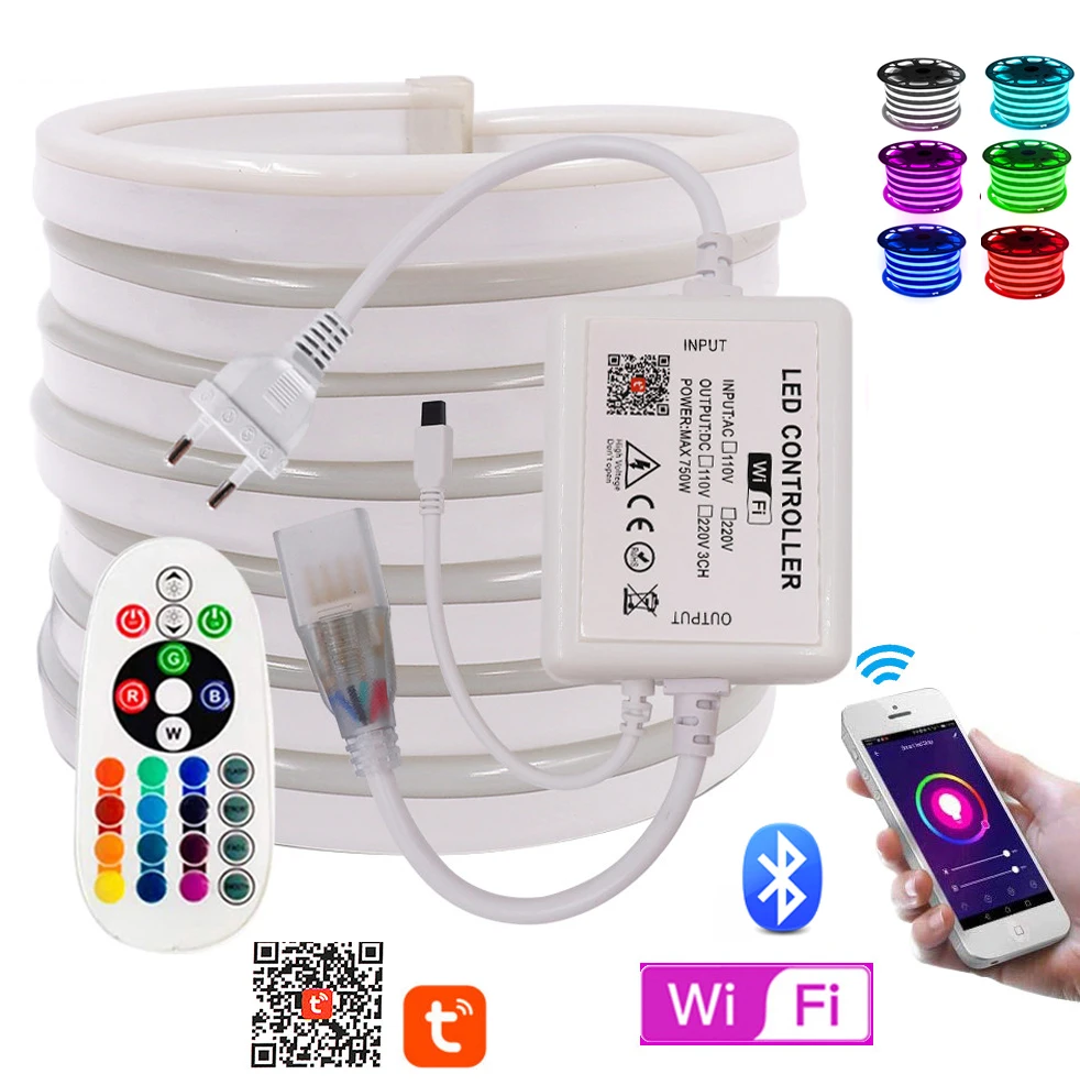 

WIFI Bleutooth Control RGB Neon Strip Light Lamp 5050 2835 White /Warm White Flexible LED Neon Rope Light EU UK AU 220V US 110V