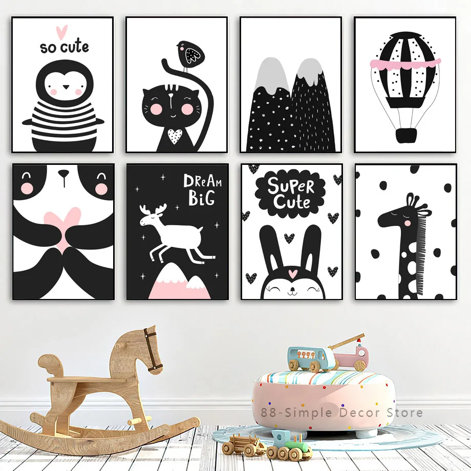 

Penguin Cat Dolphin Deer Bird Hot Air Balloon Wall Art Canvas Painting Nordic Posters And Prints Wall Home Decoration Pictures