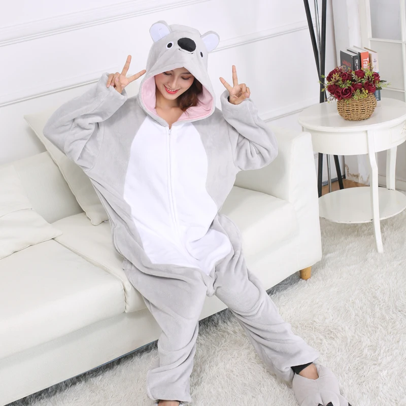 Flannel Koala Pajamas Animal Onesies For Adults One-Piece Kigurumi Pijamas Women Sleepwear Slippers Cosplay Costume Halloween