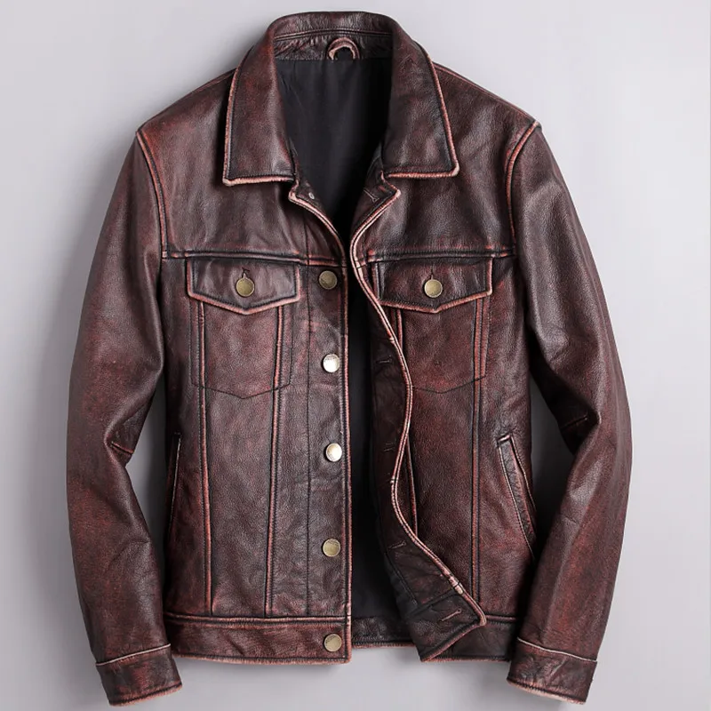 

2020 Vintage Brown Spring Casual Jacket Single Breasted Plus Size XXXXL Genuine Cowhide Leather Coat