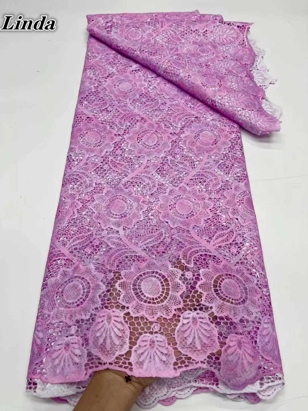 

Linda Purple African Cord Lace Fabric 2021 High Quality Flower Milk Silk Lace French Water Soluble Fabric For Wedding Party Sew