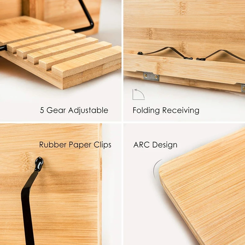 

Large Bamboo Book Stand - Foldable Cookbook Holders and Stands with 5 Adjustable Height for Recipe Textbook azine