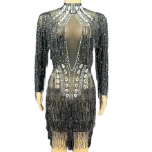 Glisten Tassel Crystal Perspective Gauze Dress Long Sleeve Tight Elastic Diamond Women Dress Nightcl