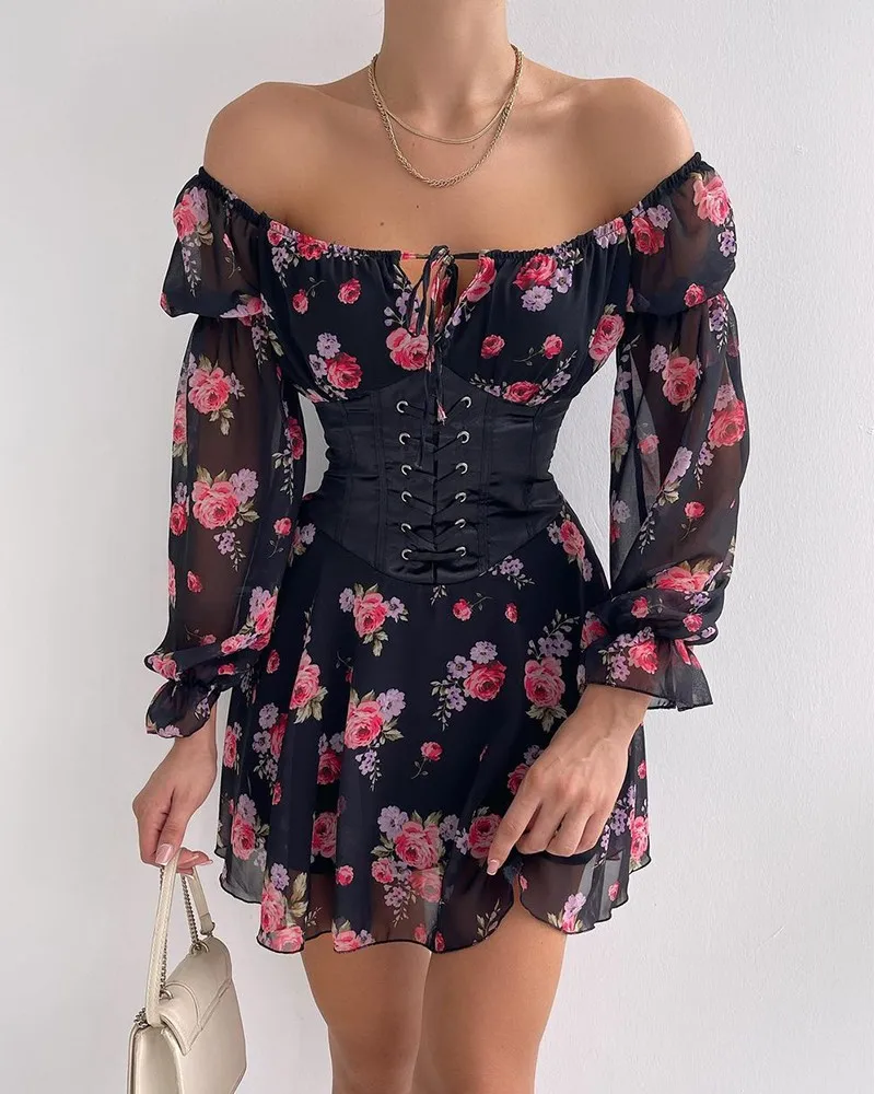 

Floral Print Mini Dress Women Lantern Sleeve Dress With Eyelet Lace-up Corset