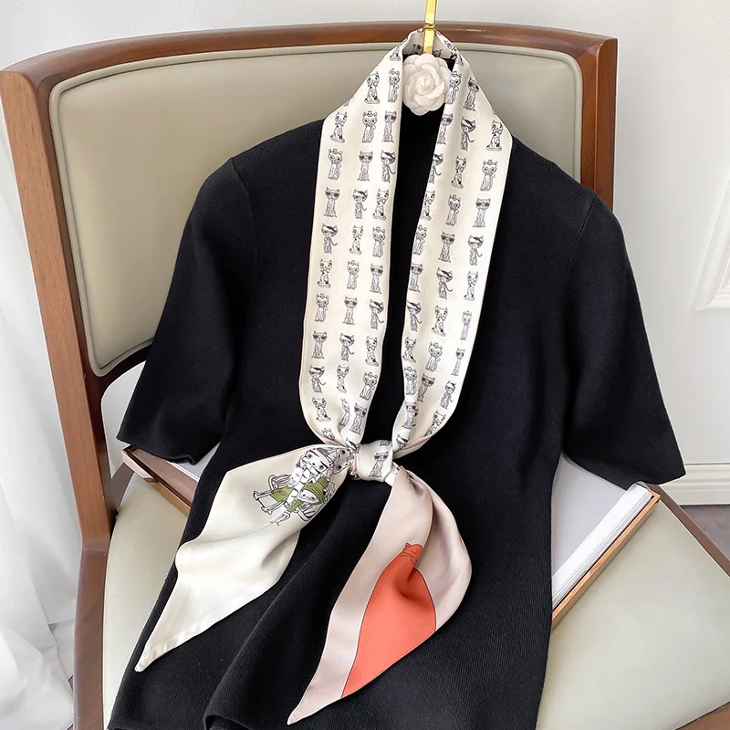 

KOI LEAPING Aesthetic cat printing long silk scarf female multi-function decorative scarf headband tie wrist strap bag belt