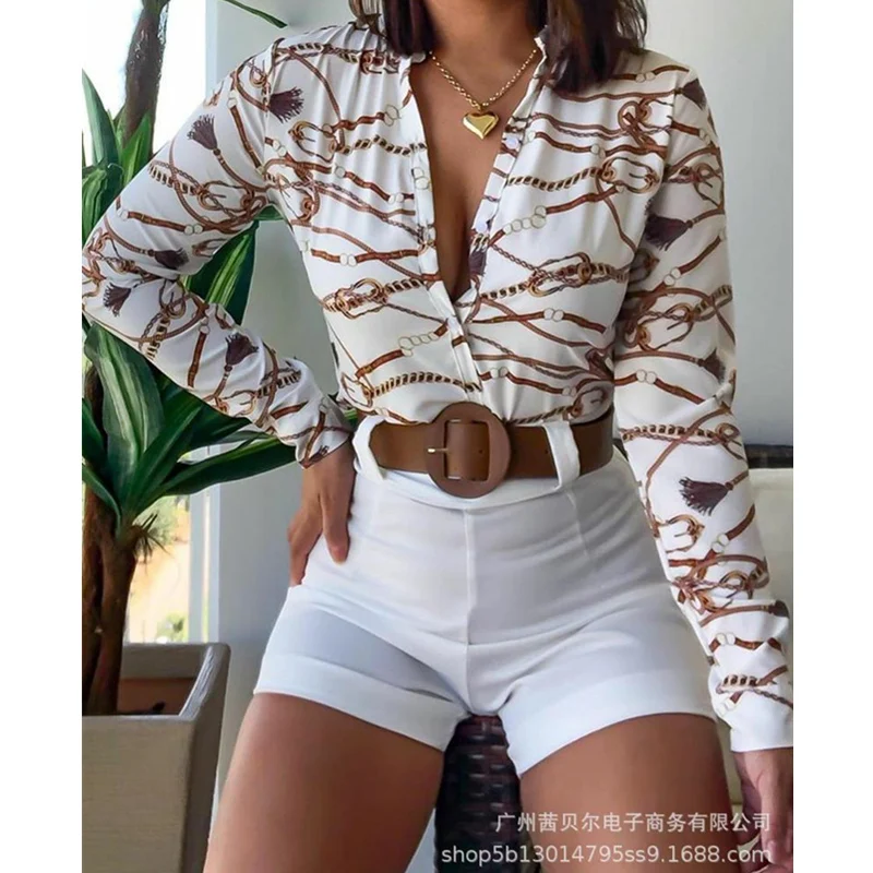 

WEPBEL Women Chain Print Blouse Ladies Elegant Skinny Long Sleeve Slim Fit Shirt Top