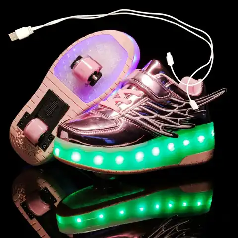 Детские светящиеся кроссовки на двух колесах, светодиодсветильник обувь для роликовых коньков, зарядка через USB, черные, золотые
