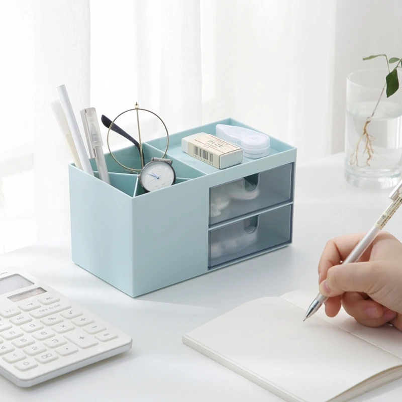 

Multi-in-1 Makeup Display Case w/ 2 Drawer Multi-grids Stationery Case for Bathroom Dresser Countertop Bedroom