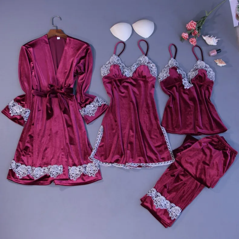 Женская Осенняя велюровая ночная рубашка костюм из 4 предметов серый пижамный