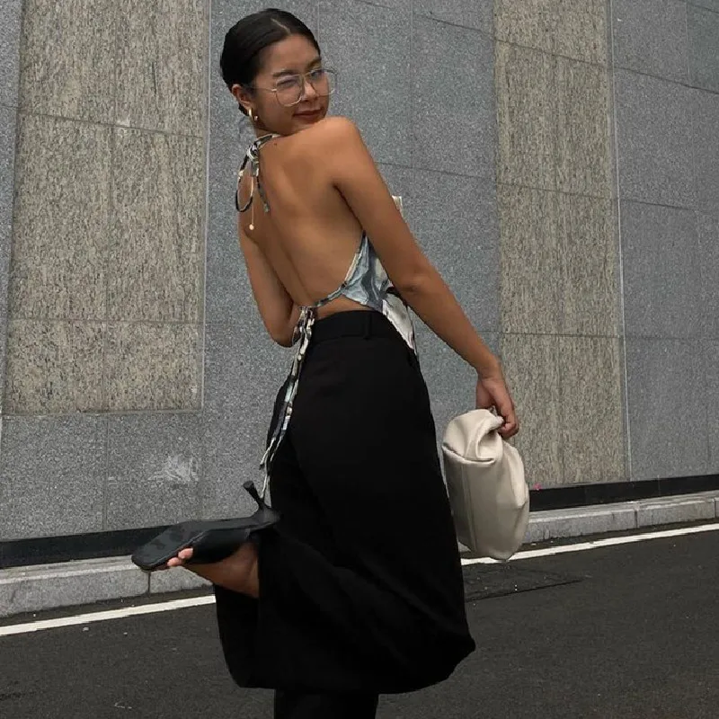 

Chic Fashion Vintage Print Elegant Halter Crop Tops Women Outfits Summer Backless Top Cropped Streetwear Clothes