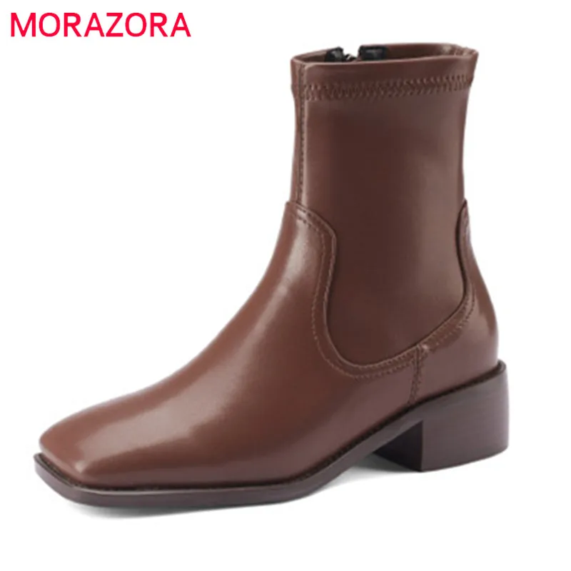 

MORAZORA/2021 большой размер 43 Повседневная обувь женские ботильоны квадратный носок молнией и низким каблуком для учеников частных школ; Осень-з...