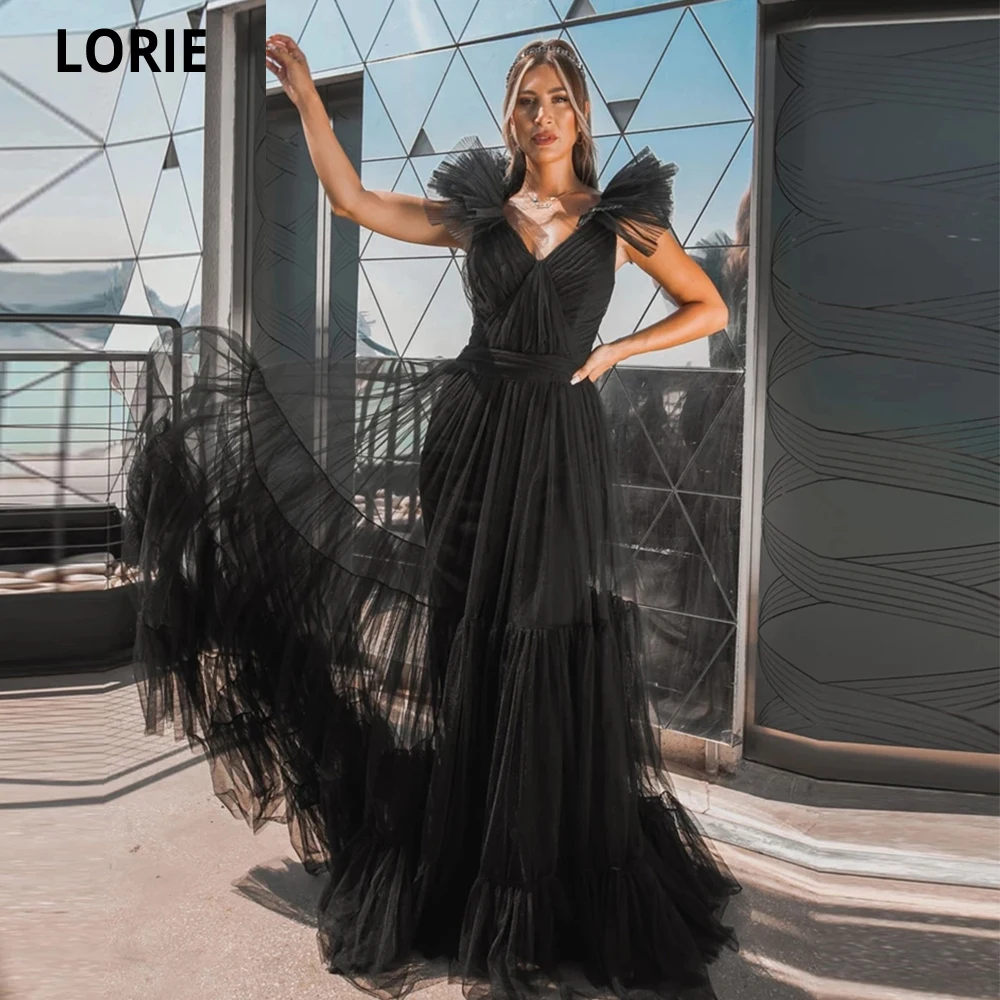 

LORIE Black Long Wedding Party Dress Spaghetti Straps V Neck Prom Dresses A Line Tulle Formal Evening Gown Vestidos de festa