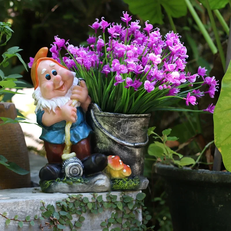 

Garden Statue Yard Balcony Vase Figurines Home Furnishing Decor Dwarf Elf Holding A Bucket Flower Pot Decorative Ornaments