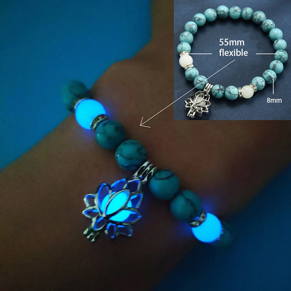 

Natural Stone Bracelet Yoga Healing Luminous Glow In The Dark Bracelet Lotus Charm Beads Bracelet for Men Women Prayer Buddhism